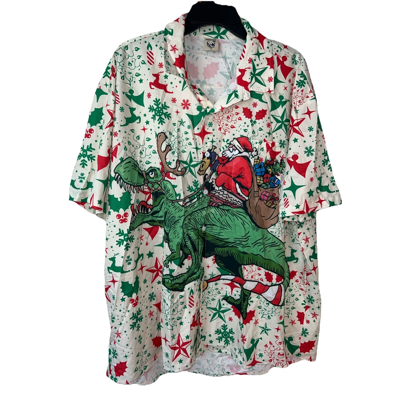 Christmas Santa Riding Dinosaur Hardaddy Men's Holiday Button Down Shirt Size Xl